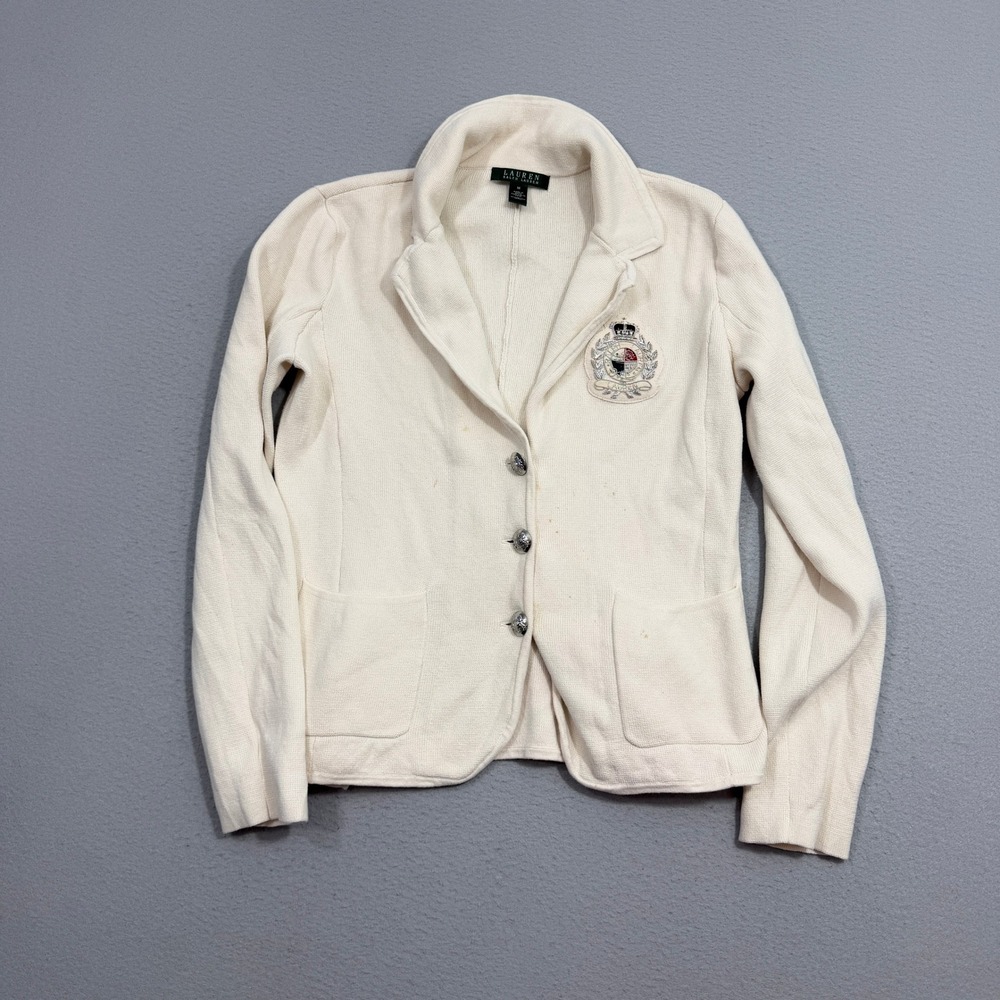 Lauren Ralph Lauren Knit Blazer Women Medium Cream Crest Patch Cotton Sweater